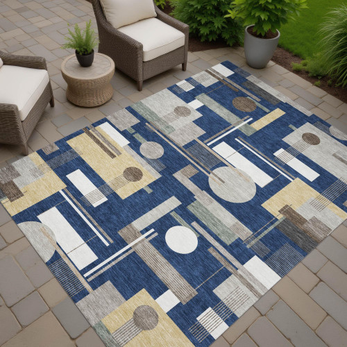9' X 12' Navy Blue And Blue Geometric Washable Indoor Outdoor Area Rug