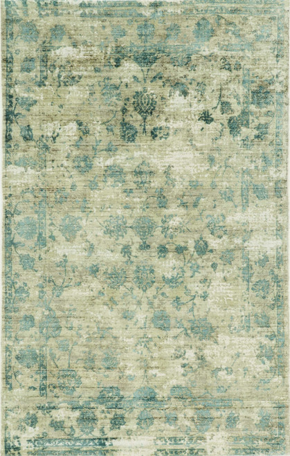9' X 12' Beige And Blue Floral Medallion Hand Loomed Distressed Area Rug