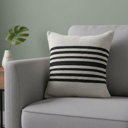 22" White And Black Striped Cotton Throw Pillow Cover