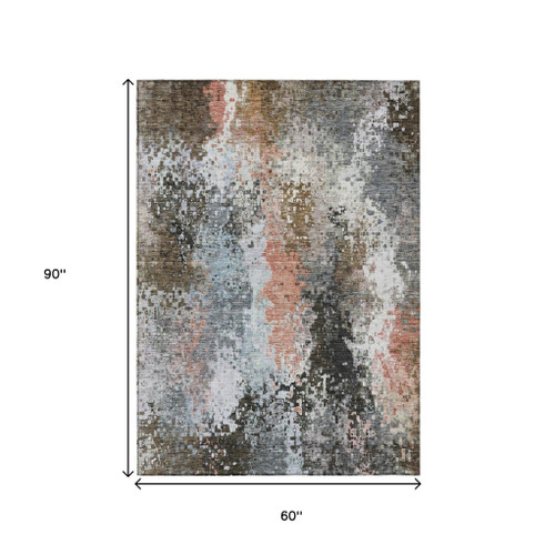 5' X 8' Granite Gray Ivory And Coral Abstract Washable Indoor Outdoor Area Rug