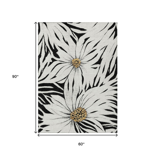 5' X 8' Black Ivory And Gold Floral Washable Indoor Outdoor Area Rug