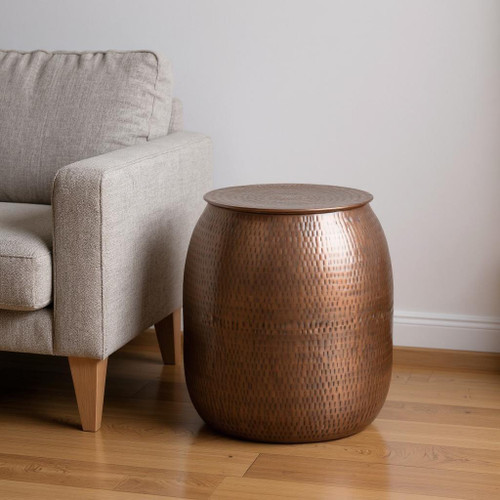 21" Hammered Copper Distressed Iron Round Drum End Table