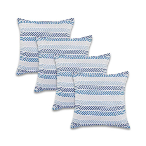 Set of Four 18" Blue And Beige Chevron Cotton Throw Pillow Covers