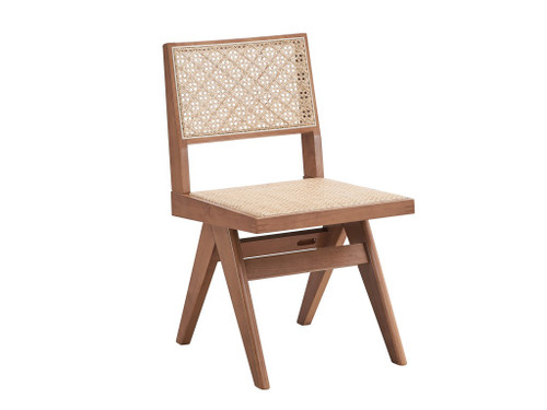 Set of Two Natural Solid Wood and Rattan Open Back Dining Side Chairs