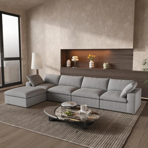 160" Light Gray Linen Blend Modular Sofa With Ottoman And Storage