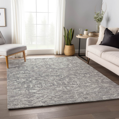 9' X 12' Gray And Ivory Damask Washable Indoor Outdoor Area Rug