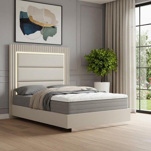 Gray Inlaid Panels Wood And Faux Leather Lighted Upholstered Queen Bed Frame
