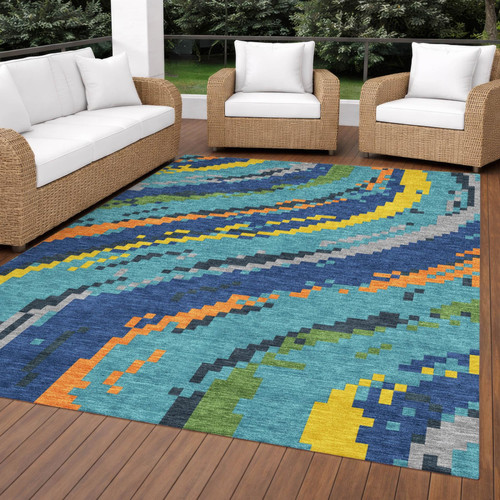 9' X 12' Teal Blue And Turquoise Abstract Washable Indoor Outdoor Area Rug
