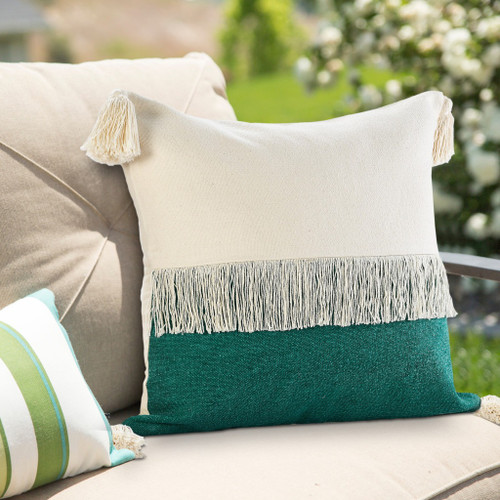 20" Green And Off White Beach Cotton Throw Pillow Cover with Tassels