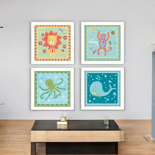 Set Of Four Childrens Room White Framed Wall Art