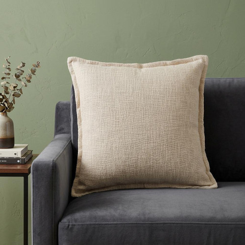 20" Beige Cotton Throw Pillow Cover with Fringe