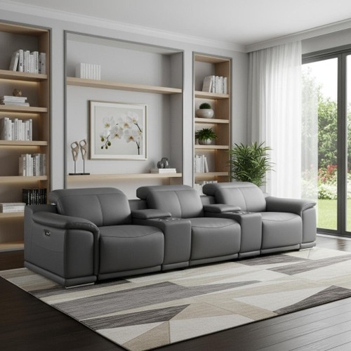 175" Dark Gray Top Grain Leather Reclining USB Sofa And Storage