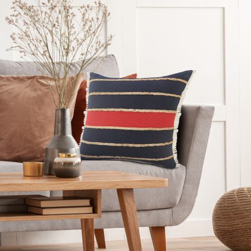 24" Tan And Navy Blue Striped Cotton Blend Throw Pillow Cover with Fringe