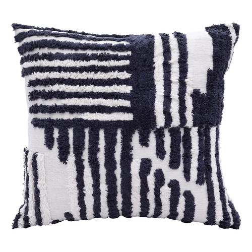 22" Blue And White Geometric Cotton Throw Pillow Cover with Tufts