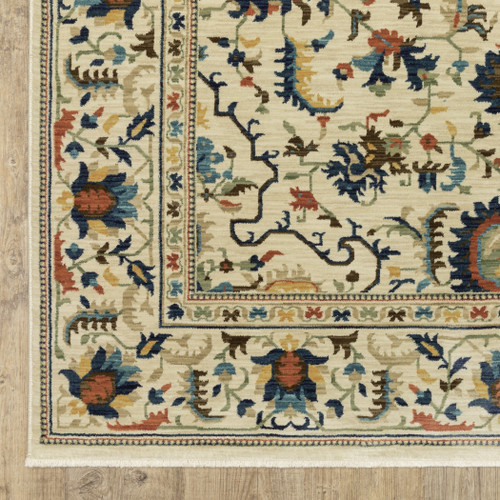 3' X 5' Ivory Blue And Brown Oriental Area Rug With Fringe