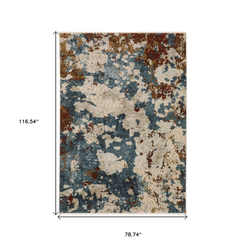 7' X 10' Beige Rust And Teal Abstract Distressed Area Rug With Fringe