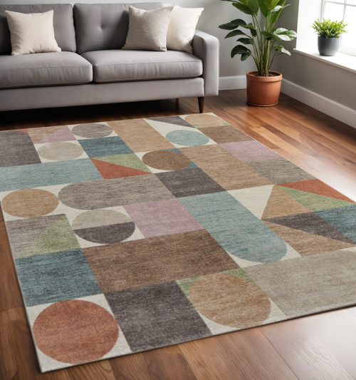 5' X 8' Ivory Brown And Blue Checkered Area Rug
