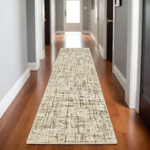 8' Ivory And Brown Abstract Runner Rug