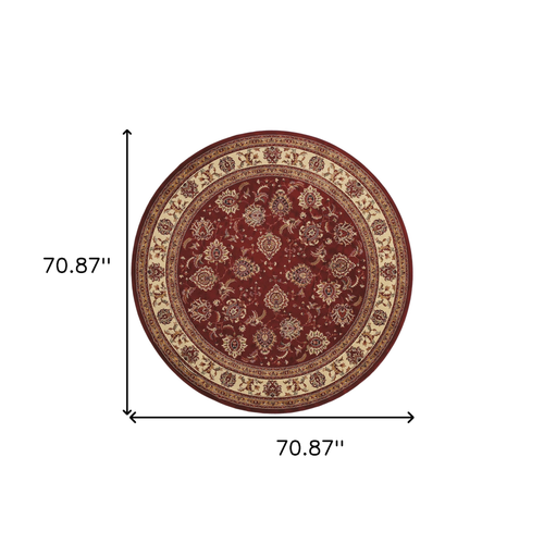 6' Red And Ivory Oriental Round Rug