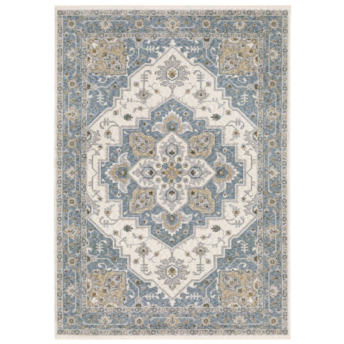 10' X 13' Blue And Ivory Medallion Distressed Area Rug With Fringe