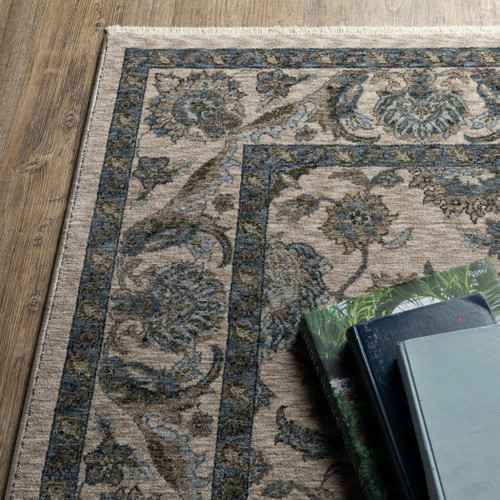 8' Beige And Blue Oriental Runner Rug With Fringe