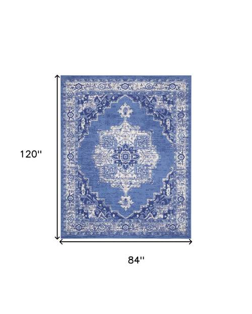 7' X 10' Ivory Navy Blue and Beige Floral Medallion Distressed Non Skid Area Rug