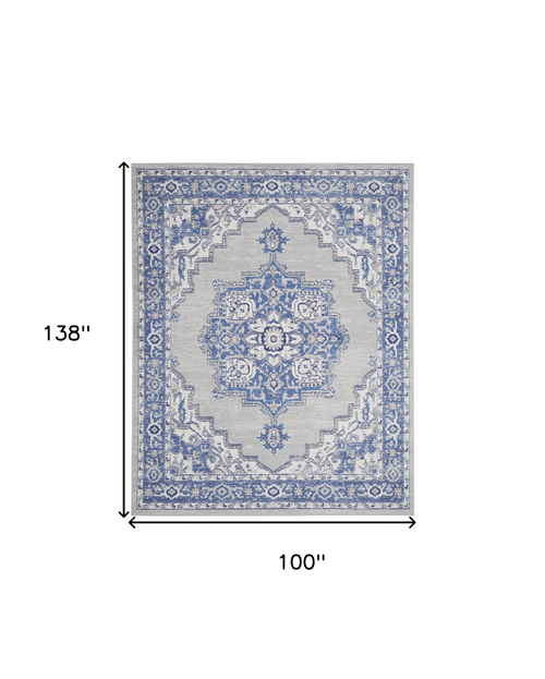 8' X 12' Ivory Blue and Gray Floral Distressed Non Skid Area Rug