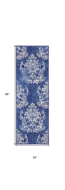 8' Navy Blue and Ivory Damask Distressed Non Skid Runner Rug