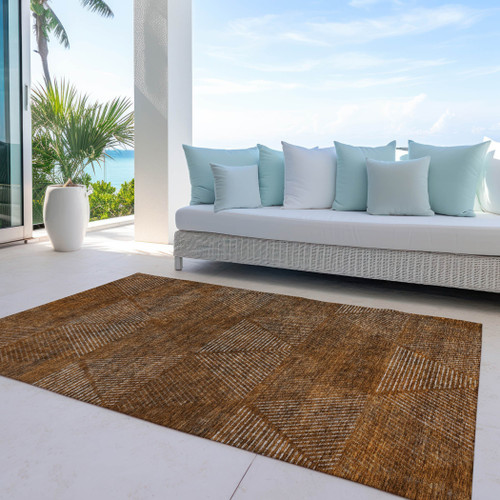 5' X 8' Terra Cotta Copper And Beige Geometric Washable Indoor Outdoor Area Rug
