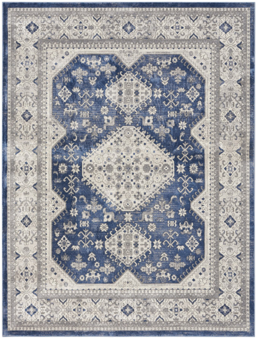 8' X 10' Ivory Blue and Gray Oriental Power Loom Area Rug