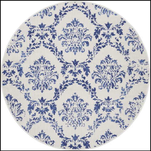 5' Ivory and Navy Blue Damask Distressed Round Rug