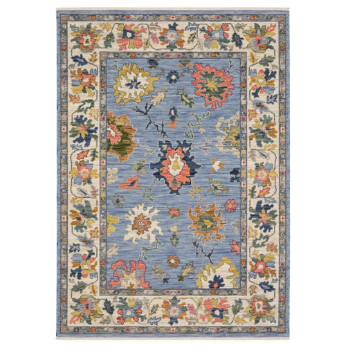 8' X 11' Blue Ivory And Yellow Oriental Area Rug With Fringe