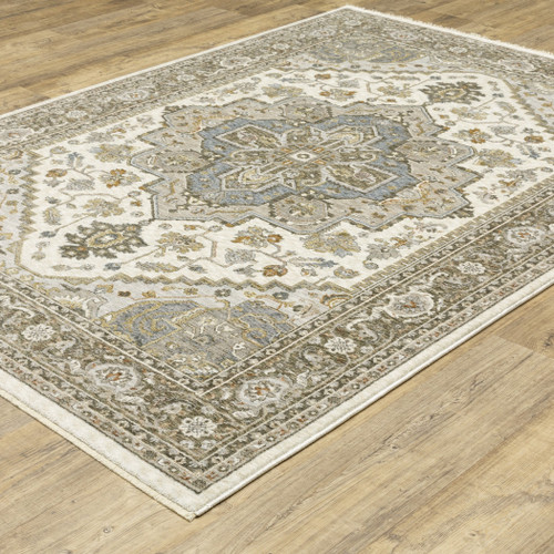 3' X 5' Ivory And Gold Medallion Distressed Area Rug With Fringe