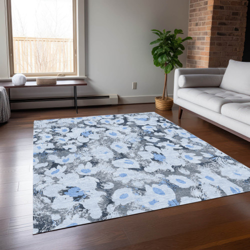 8' X 10' Denim Blue Floral Washable Non Skid Indoor Outdoor Area Rug