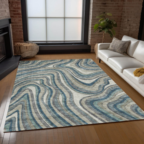8' X 10' Teal Blue Gray And Taupe Abstract Washable Indoor Outdoor Area Rug
