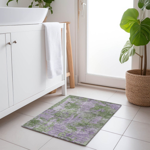 2' X 3' Green and Purple Abstract Washable Non Skid Indoor Outdoor Area Rug