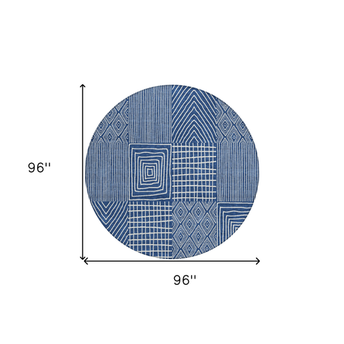 8' Navy Blue And Ivory Round Geometric Washable Indoor Outdoor Area Rug