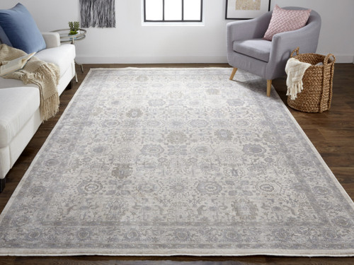 10' Gray and Ivory Oriental Power Loom Runner Rug With Fringe