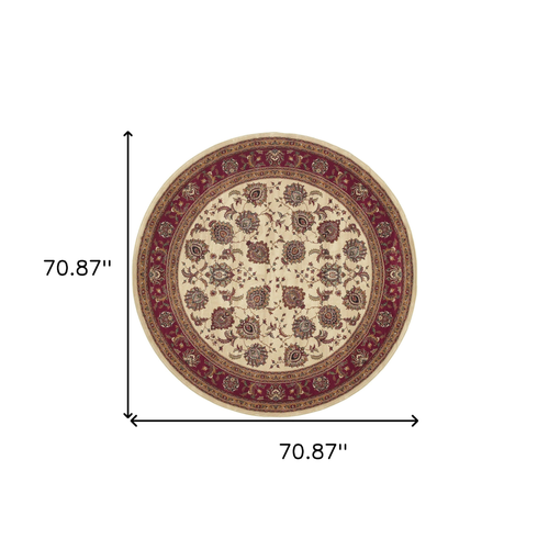 6' Ivory And Red Oriental Round Rug
