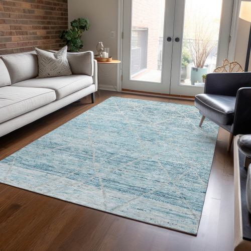 8' X 10' Teal Blue And Ivory Trellis Washable Indoor Outdoor Area Rug