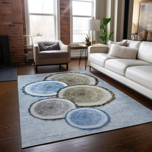8' X 10' Blue Gold and Gray Faux Bois Washable Non Skid Indoor Outdoor Area Rug