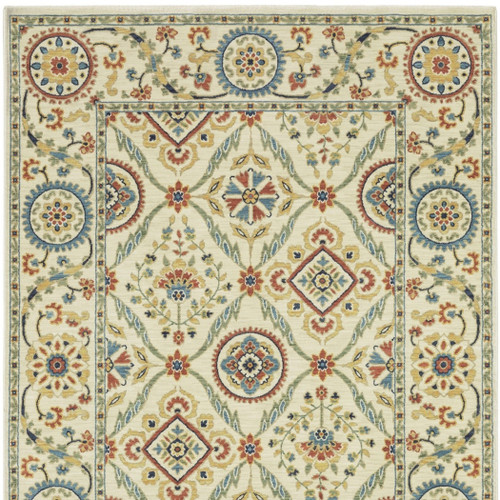 8' X 11' Ivory Blue And Orange Oriental Area Rug With Fringe