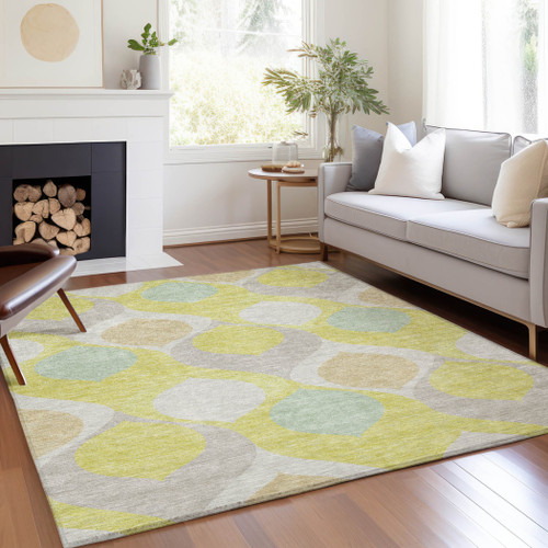 3' X 5' Yellow Mint Green And Beige Ogee Washable Indoor Outdoor Area Rug