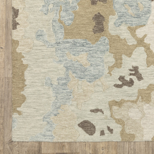 8' Beige And Blue Wool Abstract Hand Tufted Runner Rug