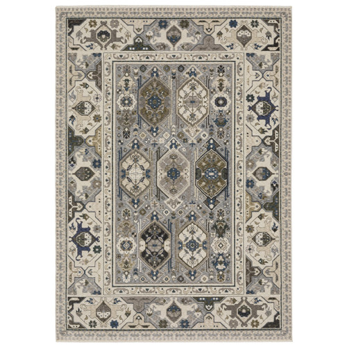 8' X 11' Ivory And Blue Oriental Area Rug With Fringe