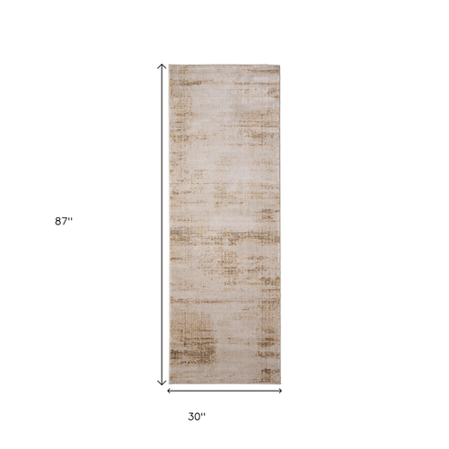 8' Ivory Brown And Tan Abstract Distressed Runner Rug