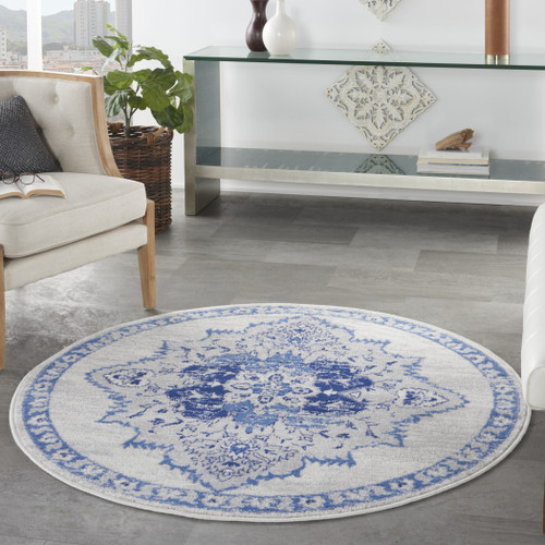 5' Ivory and Blue Floral Medallion Round Rug