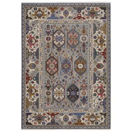 10' X 13' Blue And Gray Oriental Area Rug With Fringe