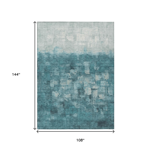 9' X 12' Teal Blue And Silver Abstract Washable Indoor Outdoor Area Rug