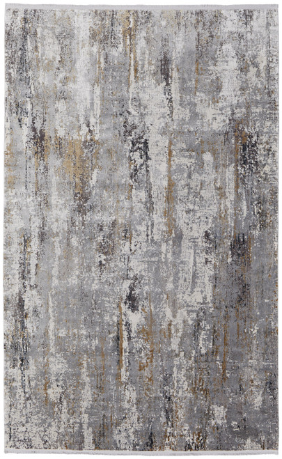 5' X 8' Gray Ivory and Gold Abstract Power Loom Area Rug With Fringe